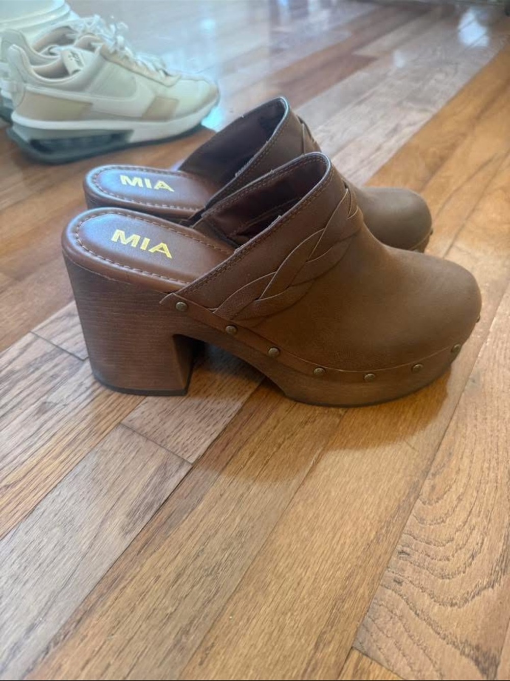 MIA Tan Braided Leather Clog Heels
